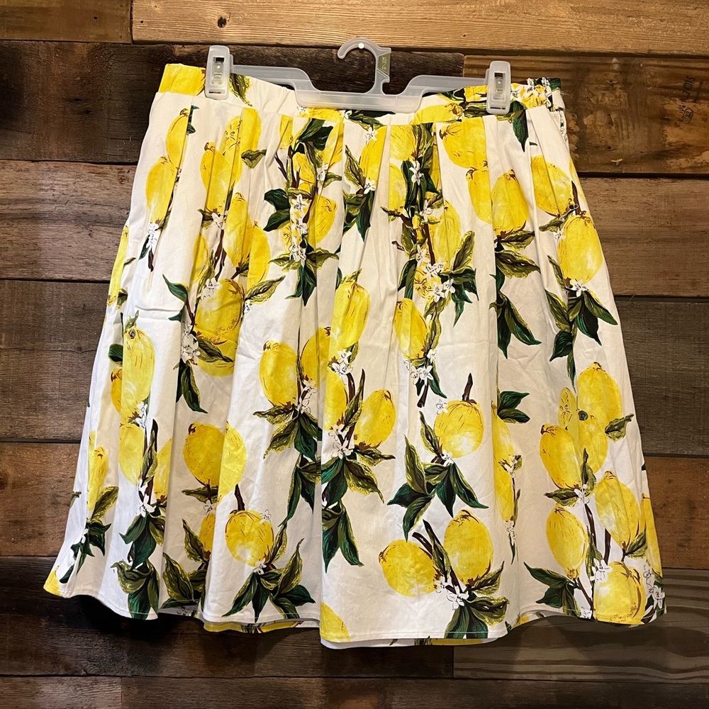 Taydey A-line Pleated Vintage Skirt with Lemon Pattern and POCKETS! New, XXL